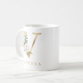 Mug Aquarelle Florale & Lettre or V Monogramme (Devant gauche)