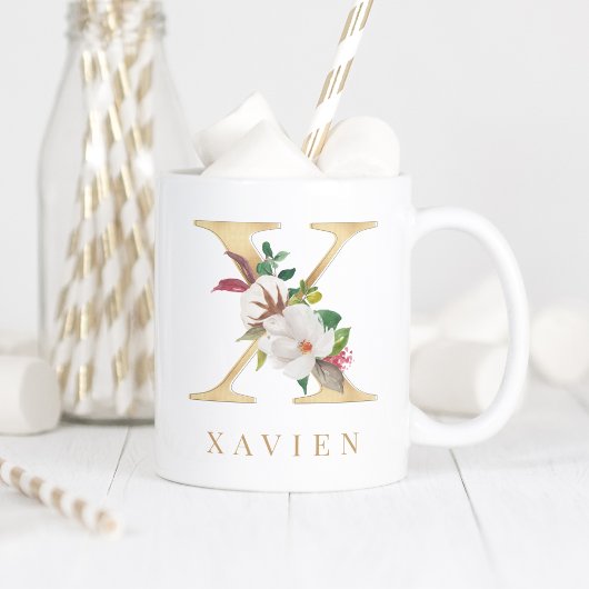 Mug Aquarelle Florale & Lettre or X Monogramme
