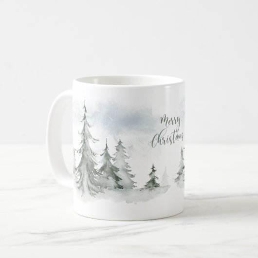 Mug Aquarelle Forêt de sapins rustiques hiver (Devant gauche)