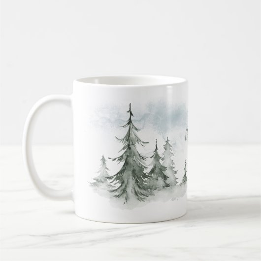 Mug Aquarelle Forêt de sapins rustiques hiver (Gauche)