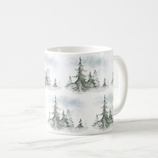 Mug Aquarelle Forêt de sapins rustiques hiver (Devant droit)