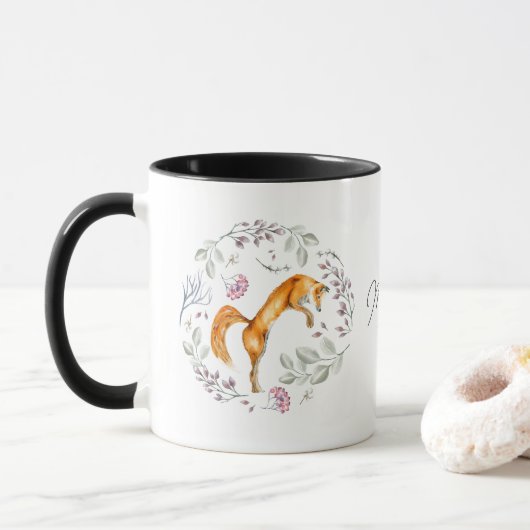 Mug Aquarelle Fox Floral Nom personnalisé (Avec donut)