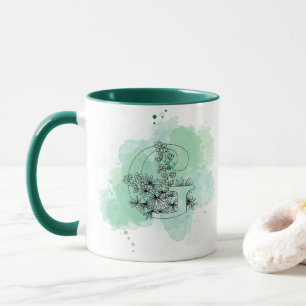 Mug Aquarelle G initiale Monogramme vert Botanique