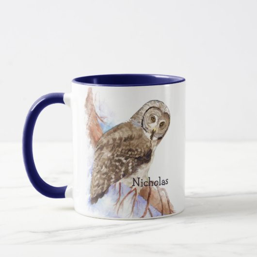 Mug Aquarelle Grand Chouette gris Nom personnalisé (Gauche)