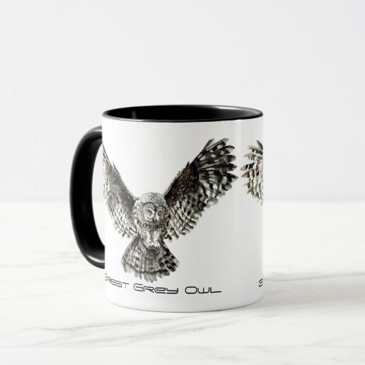 Mug Aquarelle Grande Chouette gris, Oiseau naturel (Devant gauche)