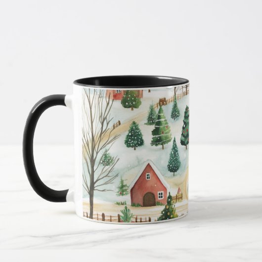 Mug Aquarelle Hiver Paysage rustique avec Fir Trees (Gauche)