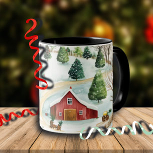 Mug Aquarelle Hiver Paysage rustique avec Fir Trees