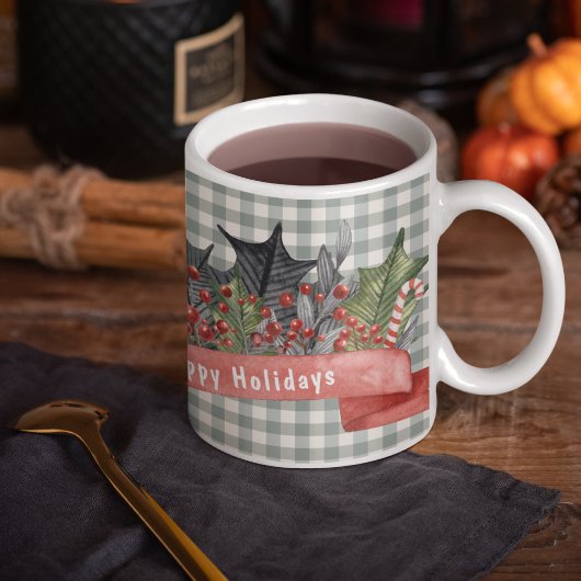Mug Aquarelle Holly Banner sur Plaid gris