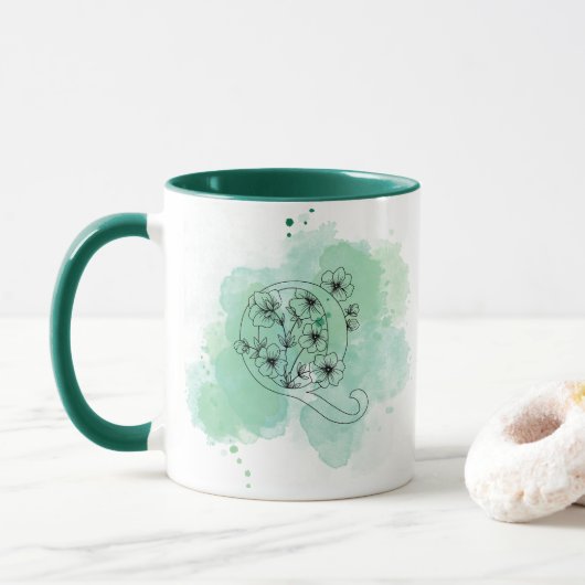 Mug Aquarelle initiale Q Monogramme Vert Botanique (Avec donut)