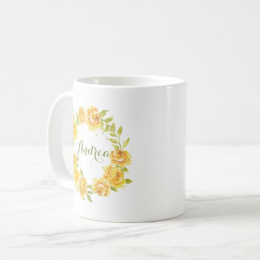 Mug Aquarelle jaune Fleurs d'été Script de couronnes (Devant gauche)