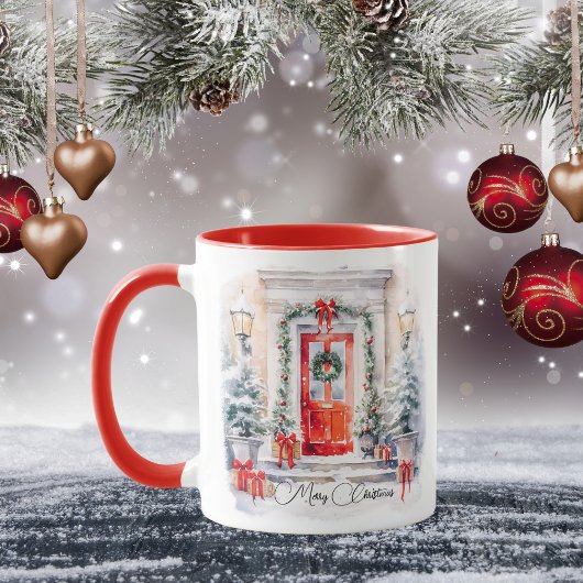 Mug Aquarelle Joyeux Noël Porte rouge élégant