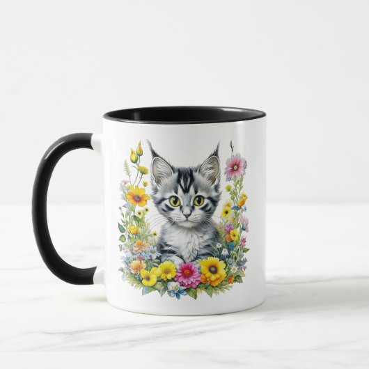 Mug Aquarelle Kitten en Fleurs Jaunes Personnalisé (Gauche)