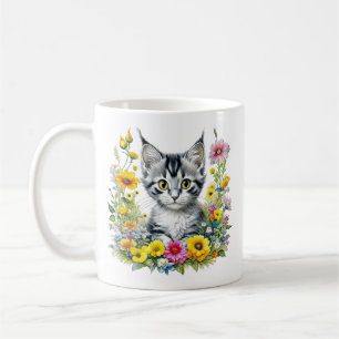Mug Aquarelle Kitten en Fleurs Jaunes Personnalisé