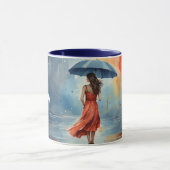 Mug Aquarelle Lady Rain avec Parapluie, Robe Rouge Mus (Centre)