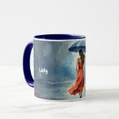 Mug Aquarelle Lady Rain avec Parapluie, Robe Rouge Mus (Devant gauche)