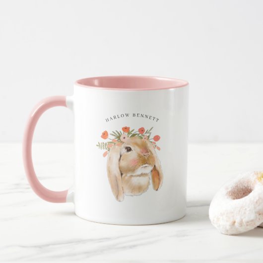 Mug Aquarelle Lapin Floral Lapin | Nom Monogramme (Avec donut)