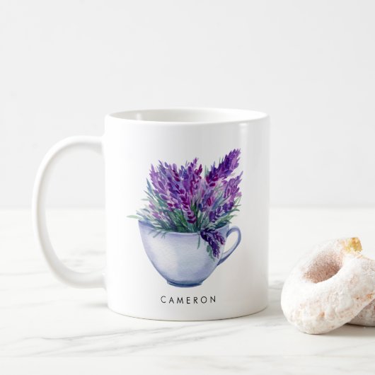 Mug Aquarelle Lavande Fleurs dans Teacup Personnalisé (Avec donut)