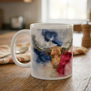 Mug Aquarelle Longhorn du Texas avec carte du drapeau 