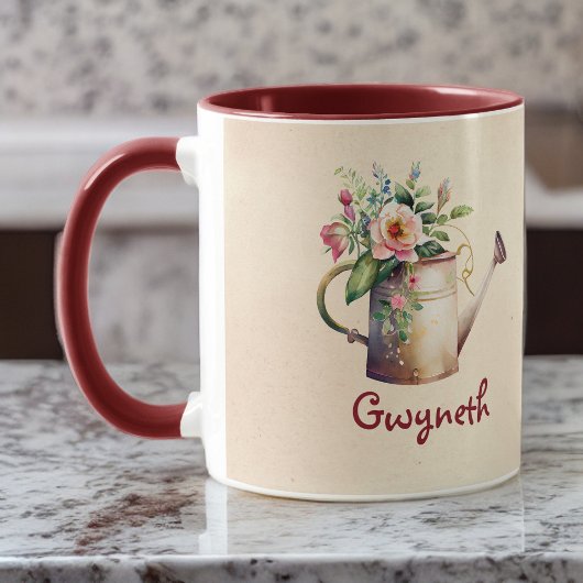 Mug Aquarelle Look Fleurs arrosage canne avec nom