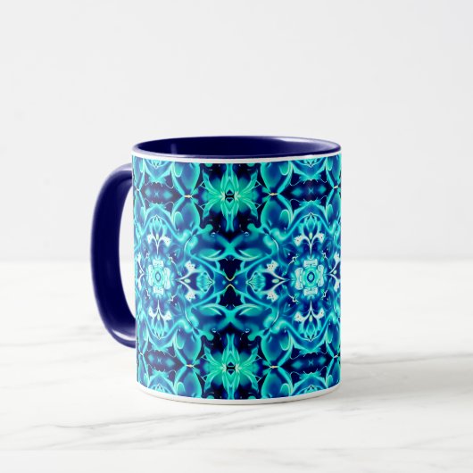 Mug Aquarelle Mandala Flower dans les tons bleu Indigo (Devant gauche)