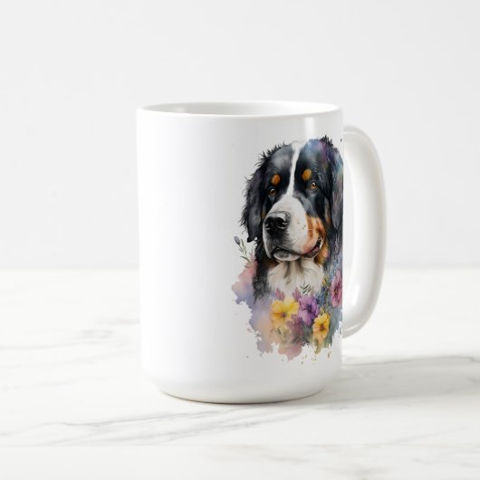 Mug Aquarelle mignonne Bernese Mountain Dog avec fleur (Devant droit)