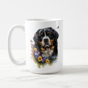 Mug Aquarelle mignonne Bernese Mountain Dog avec fleur