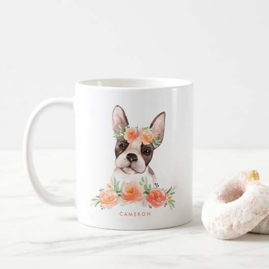 Mug Aquarelle mignonne Boston Terrier Pêche Florale (Avec donut)