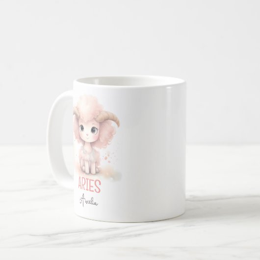 Mug Aquarelle mignonne Illustration de Aries Nom du zo (Devant gauche)