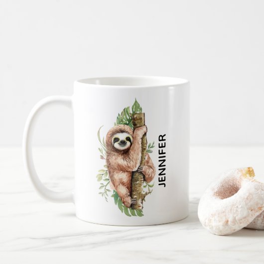 Mug Aquarelle mignonne Sloth & Feuilles tropicaux (Avec donut)