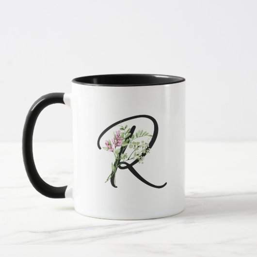 Mug Aquarelle minimale Fleur et lettre noire R Script (Gauche)