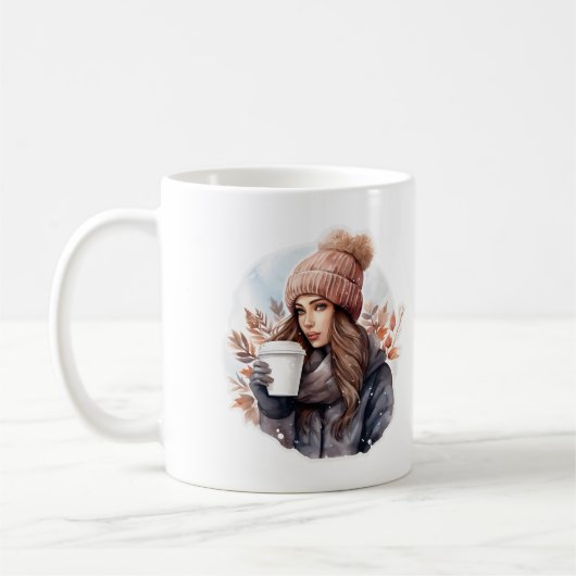 Mug Aquarelle mode hiver fille avec café (Gauche)