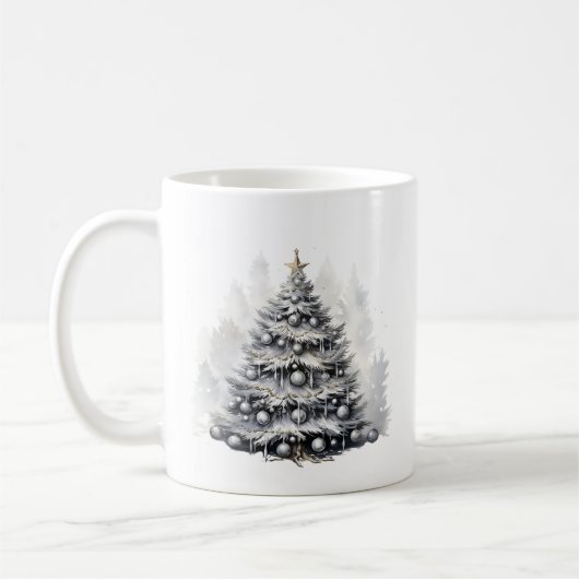Mug Aquarelle moderne Arbre de Noël noir et blanc (Gauche)