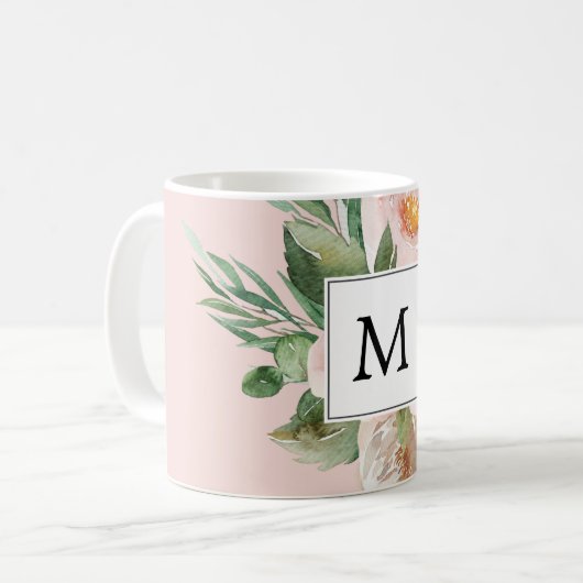 Mug Aquarelle moderne Fleurs roses Monogrammes (Devant gauche)