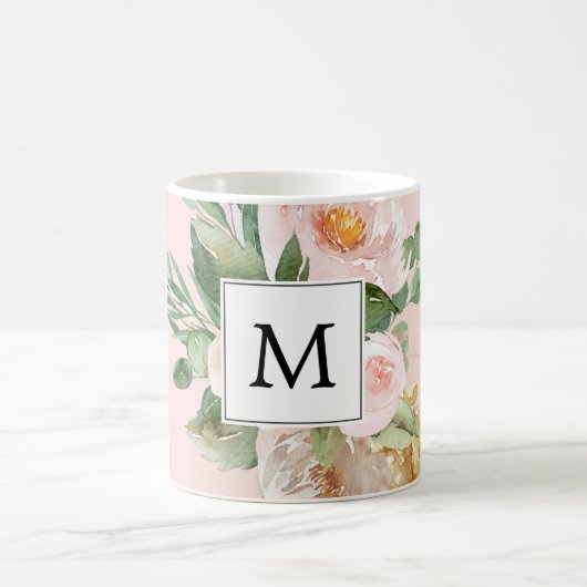 Mug Aquarelle moderne Fleurs roses Monogrammes (Centre)