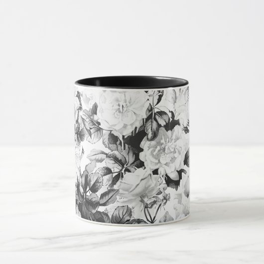 Mug Aquarelle moderne noir blanc pays floral (Centre)