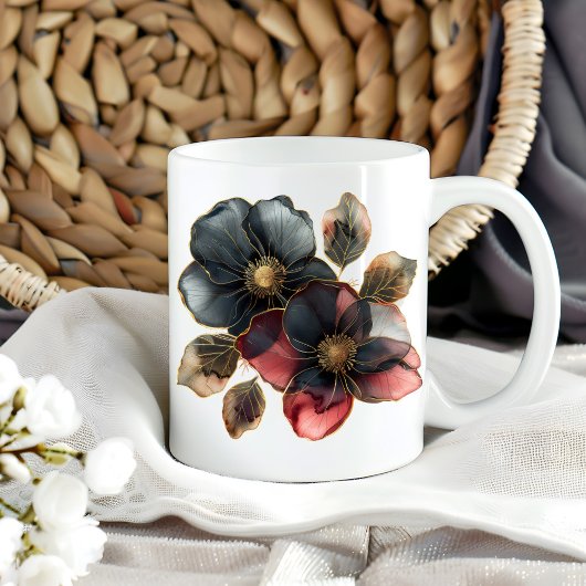 Mug Aquarelle moderne or noir et fleurs bordeaux