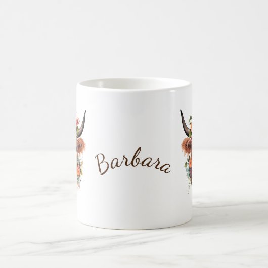 Mug Aquarelle moderne vache Highland avec fleurs (Centre)