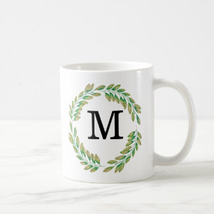 Mug Aquarelle Monogramme or Vert Feuilles couronne