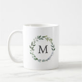 Mug Aquarelle monogramme Sage Vert Feuilles couronne (Gauche)