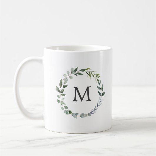 Mug Aquarelle monogramme Sage Vert Feuilles couronne (Gauche)