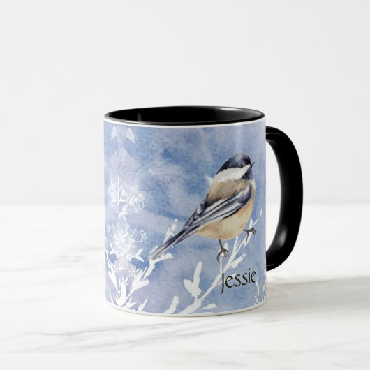 Mug Aquarelle Neige Chickadee Jardin Oiseau Nom person (Devant droit)
