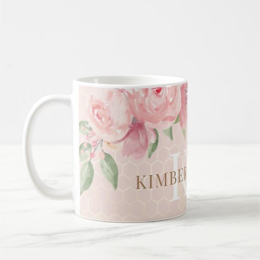 Mug Aquarelle or bleu rose rose floral Monogramme (Gauche)