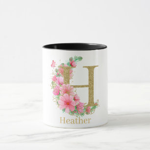 Mug Aquarelle Or et Monogramme Floral Lettre H