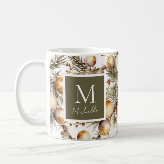 Mug Aquarelle Or Feuillage de Noël Monogramme (Gauche)