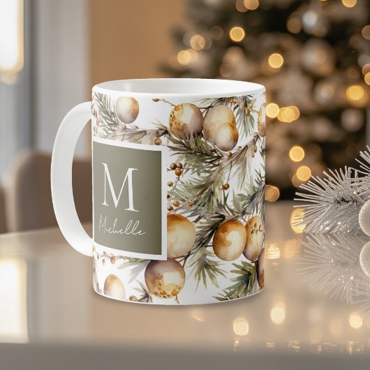 Mug Aquarelle Or Feuillage de Noël Monogramme