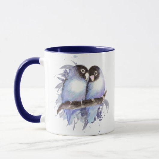 Mug Aquarelle originale Bleu Lovebirds, Boue d'oiseaux (Gauche)