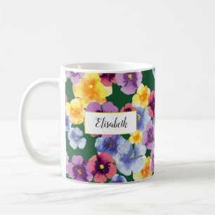 Mug Aquarelle Pansy Floral Personnalisé Forêt Vert