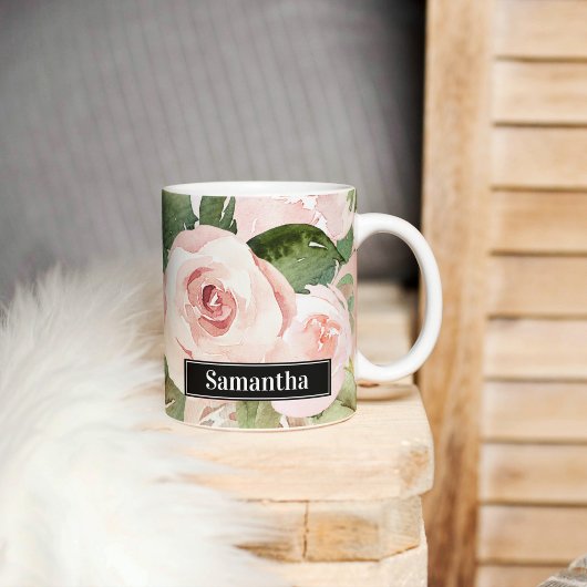 Mug Aquarelle Pastel Pink moderne Fleurs & Nom