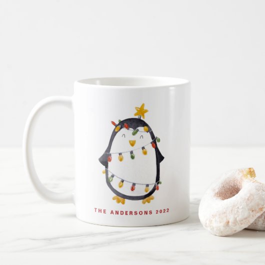 Mug Aquarelle Penguin et lumières de Noël (Avec donut)