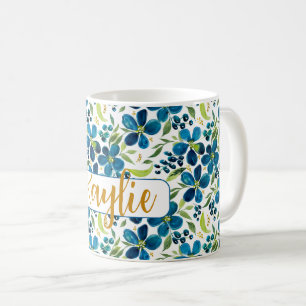 Mug Aquarelle personnalisée de couleur bleue florale